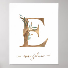 Póster Monograma acuarela Floral Gold Letter E Poster