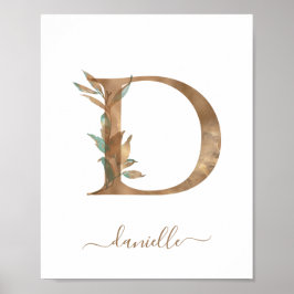 Póster Monograma acuarela Floral Letra dorada D Poster