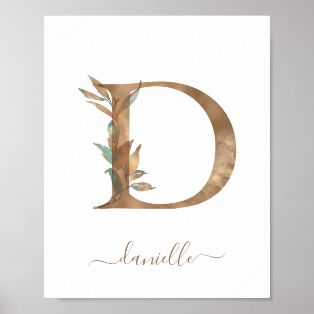 Póster Monograma acuarela Floral Letra dorada D Poster (Frente)