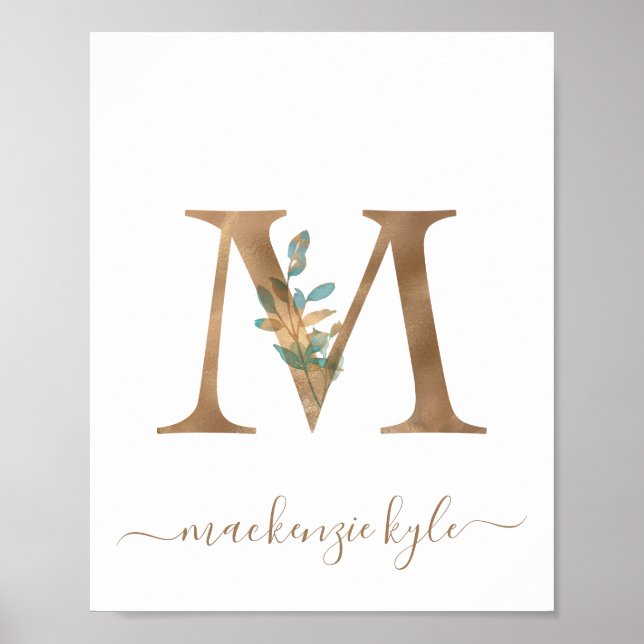 Póster Monograma Acuarela Floral Letra Dorada M (Frente)