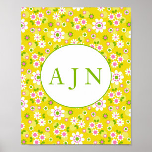 Póster Monograma amarillo y blanco con flores de mod retr