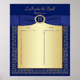 Póster Monograma azul, dorado Poster de asiento de mesa f