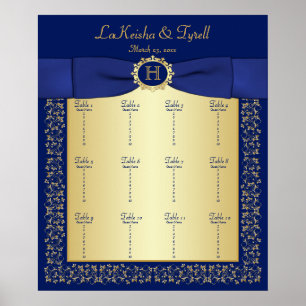 Póster Monograma azul, dorado Poster de asiento de mesa f