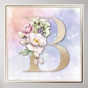Póster Monograma B Floral Rosa