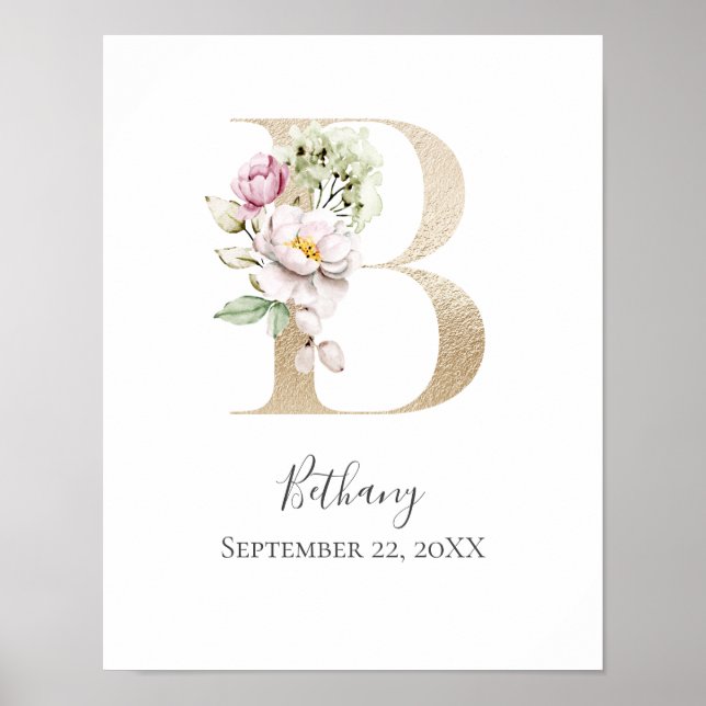 Póster Monograma B Letra blanca rosada dorada con flor (Frente)