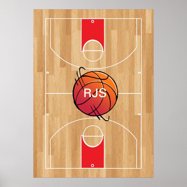 Póster Monograma Baloncesto en cancha de baloncesto (Frente)