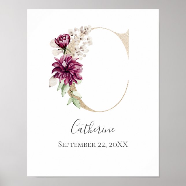 Póster Monograma C Letra blanca rosada dorada con flor (Frente)