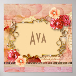 Póster Monograma con nombre personalizado de floral rosa