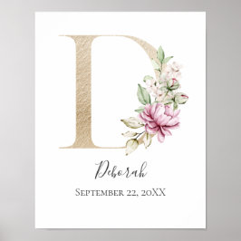 Póster Monograma D Letra blanca rosada dorada con flor