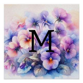 Póster Monograma de acuarela floral pansias de color púrp