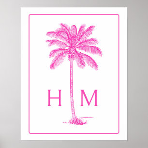 Póster Monograma de árbol de palmera en rosa y blanco