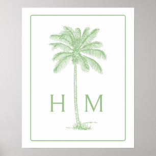 Póster Monograma de árbol de palmera verde y blanca