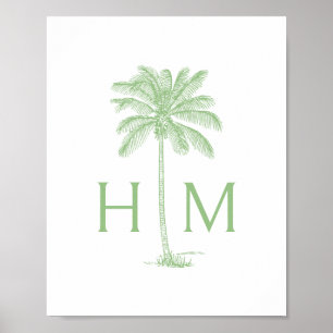 Póster Monograma de árbol de palmera verde y blanca