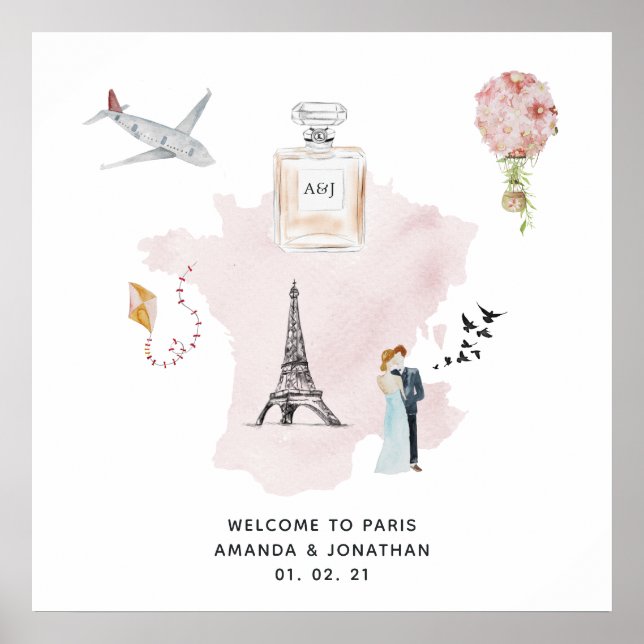 Póster Monograma de bienvenida de boda con tema de París  (Frente)
