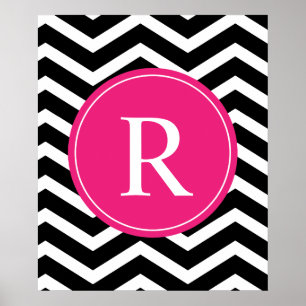 Póster Monograma de Chevron Negro Rosa