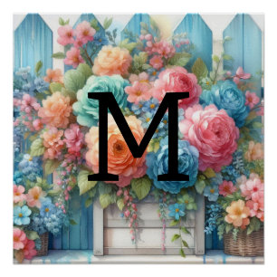 Póster Monograma de color de agua pasteles flores en made