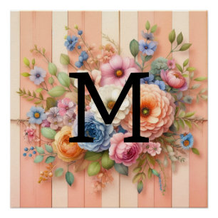 Póster Monograma de color de agua pasteles flores en made