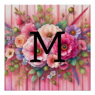 Póster Monograma de color de agua pasteles flores en made