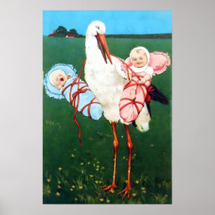 PÓSTER MONOGRAMA DE DUCHA DE BEBÉ NIÑO Y NIÑA STORK TWIN
