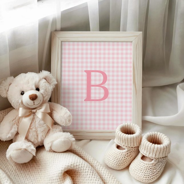 Póster Monograma de Gingham rosa y Blanco Pastel (Pastel Pink and White Gingham Monogram Poster)