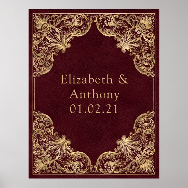 Póster Monograma de la cosecha de borgoña y oro (Frente)