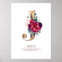 Monograma de la letra J floral burgundy rojo y dor