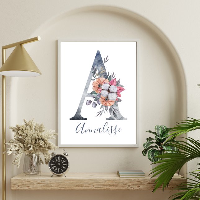 Póster Monograma de letra A con acuarela floral azul nomb (Monogram A Blue Floral Watercolor Wall Art for Nursery or Girls Room )