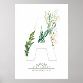 Póster Monograma de letra A dorada con follaje chic