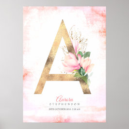 Póster Monograma de letra A hojas doradas floral magnolia