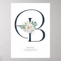 Monograma de letra B flores blancas y vegetación