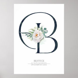 Póster Monograma de letra B flores blancas y vegetación