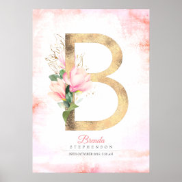 Póster Monograma de letra B hojas doradas magnolia floral