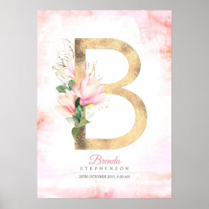 Póster Monograma de letra B hojas doradas magnolia floral