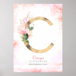 Póster Monograma de letra C hojas doradas magnolia floral