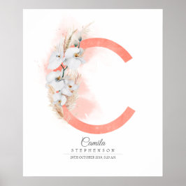 Póster Monograma de letra C orquídeas blancas y hierba de