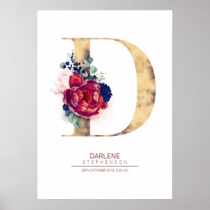Póster Monograma de letra D floral azul marino y burgundy