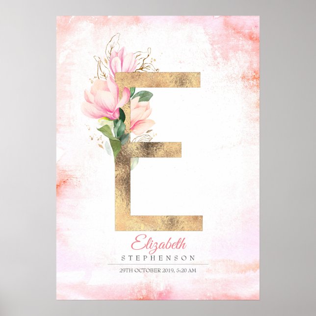 Póster Monograma de letra E dorada flores magnolia rosa (Frente)