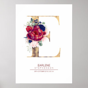 Póster Monograma de letra E floral azul marino y burgundy
