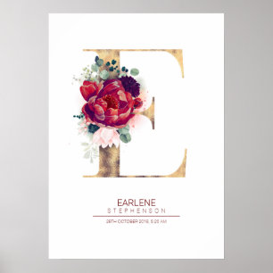 Póster Monograma de letra E floral burdeos y dorado