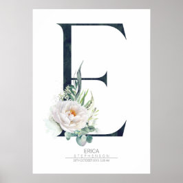 Póster Monograma de letra E flores blancas y follaje
