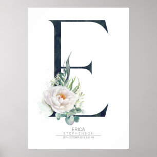 Póster Monograma de letra E flores blancas y follaje