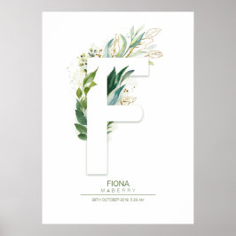 Póster Monograma de letra F dorada con follaje chic