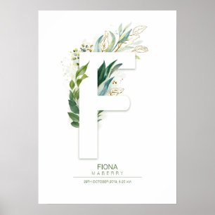 Póster Monograma de letra F dorada con follaje chic
