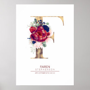 Póster Monograma de letra F floral azul marino y burgundy