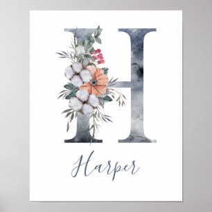 Póster Monograma de letra H acuarela floral azul Nombre