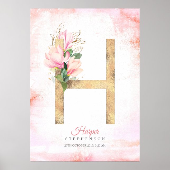 Póster Monograma de letra H dorada con hojas y magnolias  (Frente)
