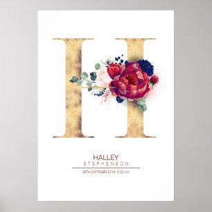 Póster Monograma de letra H floral azul marino y burgundy