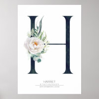 Monograma de letra H flores blancas y follaje