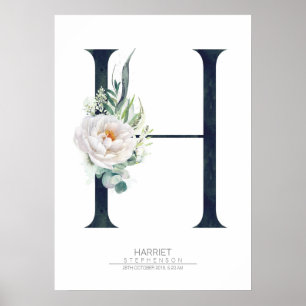 Póster Monograma de letra H flores blancas y follaje