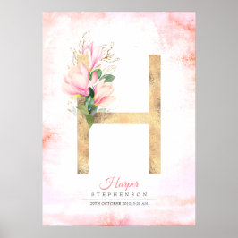 Póster Monograma de letra H hojas doradas magnolia rosa f